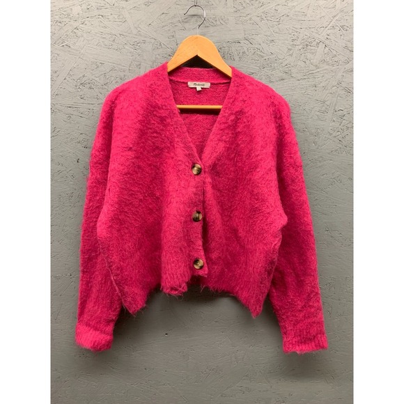 Madewell‎ Womens Cardigan Large Pink Fuzzy Button Front Alpaca Wool Blend - Picture 1 of 8